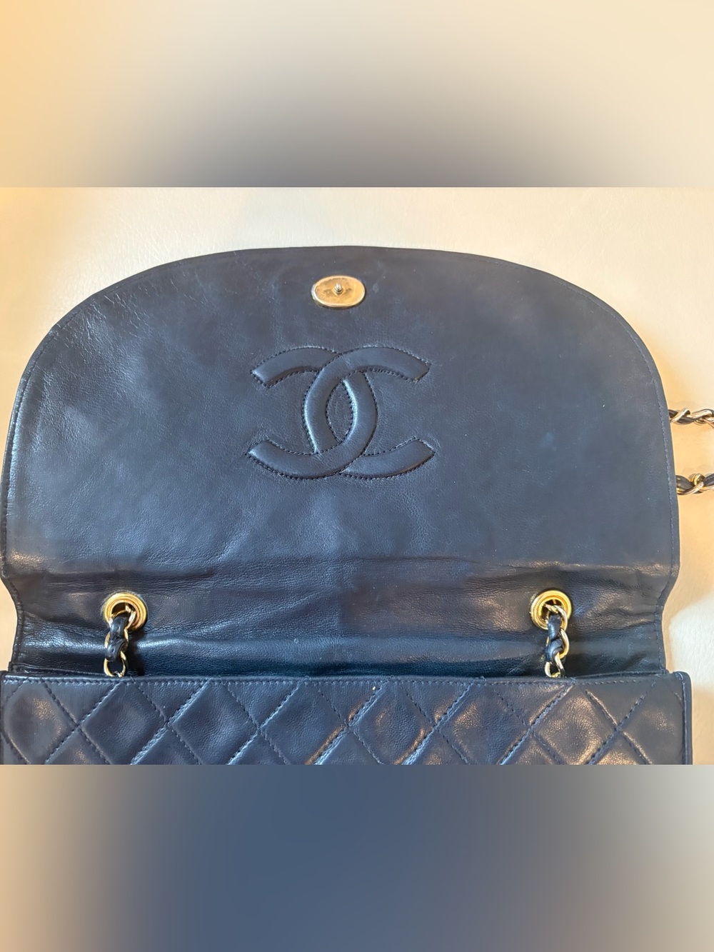 CHANEL Vintage Navy Blue Leather Shoulder Bag with Gold Chain and Tassel w COA - Picture 5 of 16